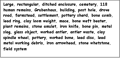 Text Box: Large, rectangular, ditched enclosure, cemetery, 118 human remains, Grubenhaus, building, post hole, drove road, farmstead, settlement, pottery sherd, bone comb, lead ring, clay loom weight, mace, bone weft beater, plant remains, stone amulet, iron knife, bone pin, metal slag, glass object, worked antler, antler waste, clay spindle wheel, pottery, worked bone, lead disc, lead metal working debris, iron arrowhead, stone whetstone, field system
